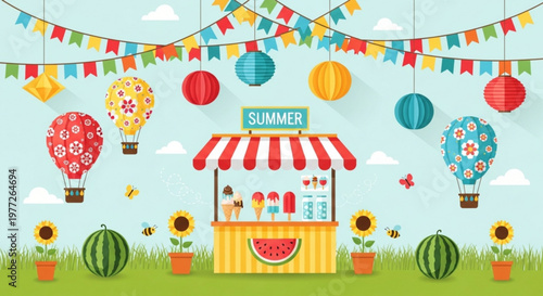 A colorful vector illustration of a summer food stand with balloons and banners