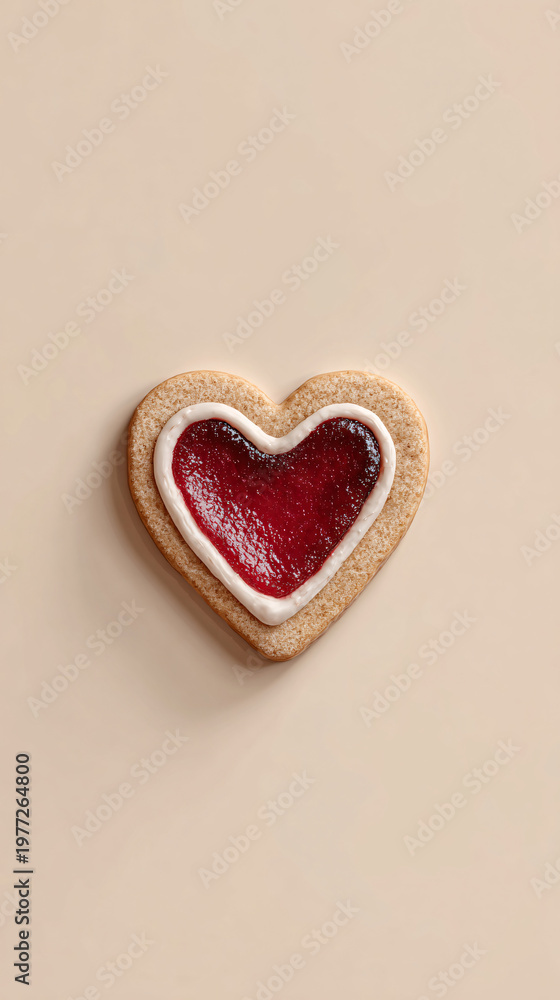 Fototapeta premium Heart-Shaped Cookie with Red Jam and Icing on Neutral Background