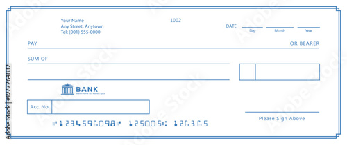 Bank check, vector blank money cheque, checkbook template with guilloche pattern and fields. Currency payment coupon, money check background