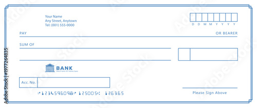 Bank check, vector blank money cheque, checkbook template with guilloche pattern and fields. Currency payment coupon, money check background
