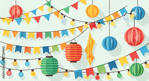 A colorful vector illustration of hanging lanterns and festive flags for celebrations