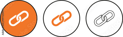 Link Chain Icon Set in Orange and Outline Style Representing Connection, Hyperlink, URL, Networking, and Digital Interface Design Elements