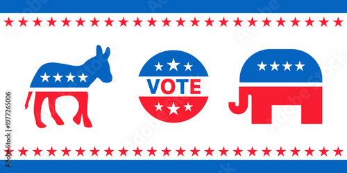 Republican and Democrat Party Icons Set, USA Election Vote Symbols Vector Illustration