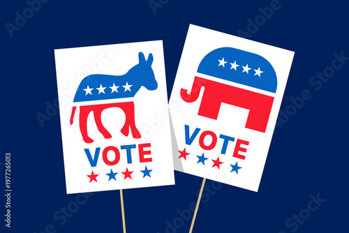 Vote Placards on Sticks Republican Elephant and Democrat Donkey Political Campaign Vector Illustration