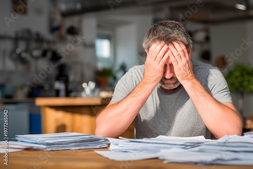 Stressed man overwhelmed by bills at home covering face with hands