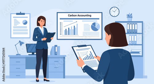 Businesswomen Reviewing Financial Reports in Modern Office.