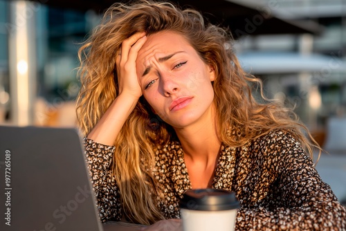 Tired woman working on laptop feeling exhausted and stressed