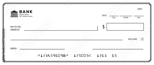 Bank check, vector blank money cheque, checkbook template with guilloche pattern and fields. Currency payment coupon, money check background