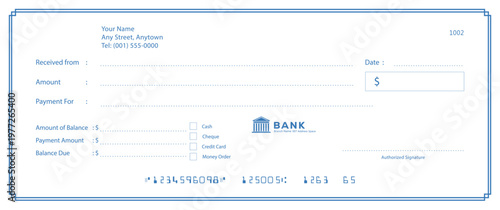 Bank check, vector blank money cheque, checkbook template with guilloche pattern and fields. Currency payment coupon, money check background