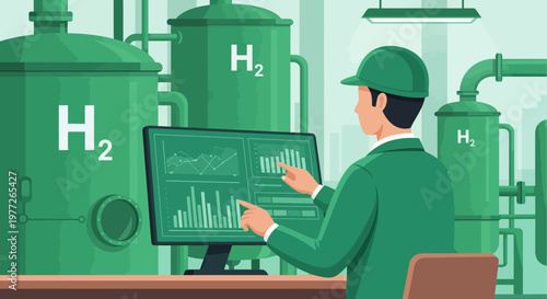 Engineer Monitoring Hydrogen Production Facility.