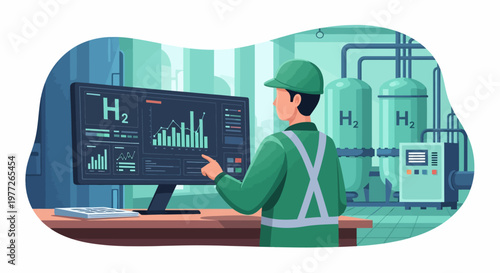 Engineer Monitoring Hydrogen Production Control Panel.