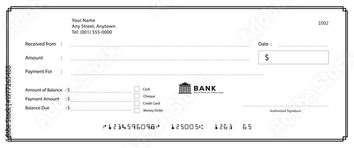 Bank check, vector blank money cheque, checkbook template with guilloche pattern and fields. Currency payment coupon, money check background