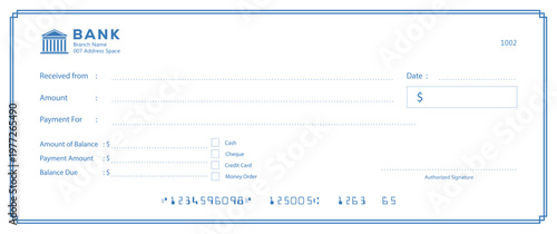 Bank check, vector blank money cheque, checkbook template with guilloche pattern and fields. Currency payment coupon, money check background