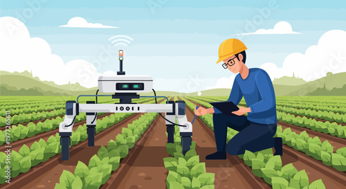 Farmer Inspecting Crops with Agricultural Robot.