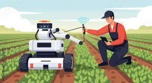 Farmer Operating Robotic Farming Equipment.