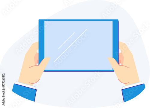 Hands holding digital tablet horizontally with blank screen