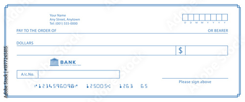 Bank check, vector blank money cheque, checkbook template with guilloche pattern and fields. Currency payment coupon, money check background