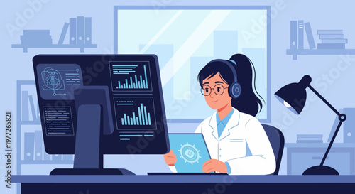 Female Scientist Analyzing Data on Computer Screen.