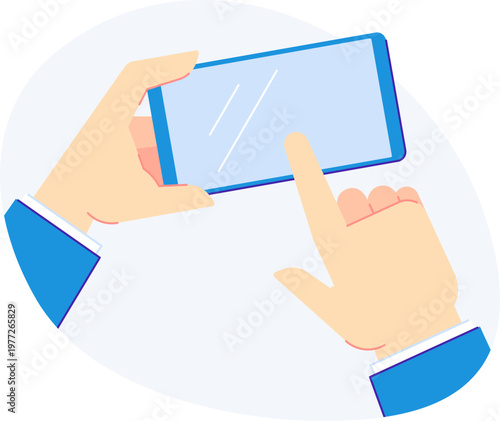 Hands holding smartphone interacting with touchscreen on landscape mode