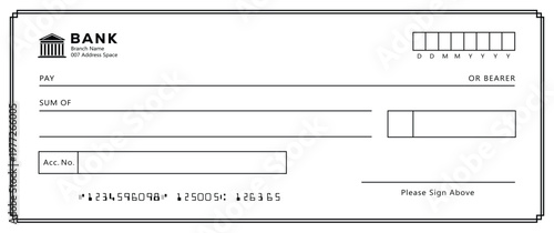 Bank check, vector blank money cheque, checkbook template with guilloche pattern and fields. Currency payment coupon, money check background
