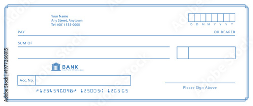 Bank check, vector blank money cheque, checkbook template with guilloche pattern and fields. Currency payment coupon, money check background