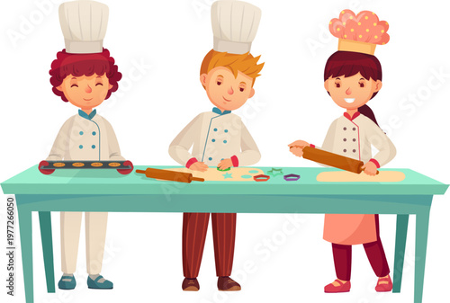 Kids cooking together baking cookies and dough