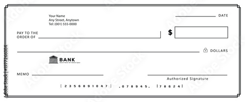 Bank check, vector blank money cheque, checkbook template with guilloche pattern and fields. Currency payment coupon, money check background