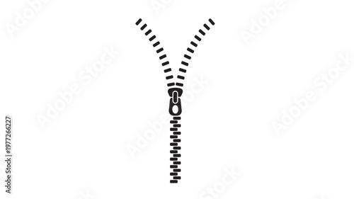 Zipper icon with black interlocking teeth and a slider, isolated on a white background, representing closure or opening.