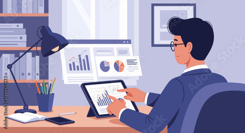 Man Analyzing Data on Digital Tablet.