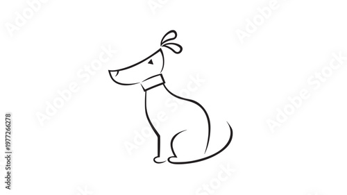 Dog sitting patiently with a stylized collar and floppy ears, a simple black outline illustration on a white background.