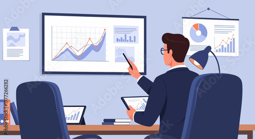 Man Analyzing Data on Multiple Screens.