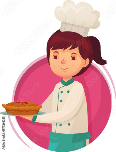 Female chef presenting delicious homemade baked pie