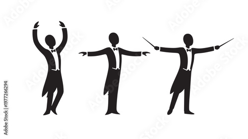 Conductor silhouette set with various poses and gestures, ready to lead the orchestra with baton featuring music, symphony, director with musician