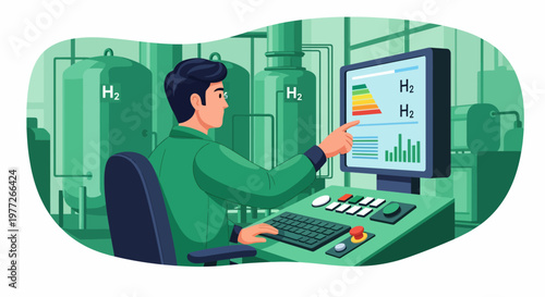 Man analyzing hydrogen data on computer screen.
