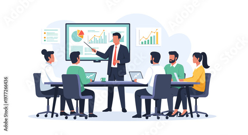 A business presentation is being given by a man in a suit to a group of people sitting around a table.