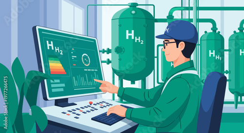 Man Analyzing Hydrogen Data on Computer Screen.