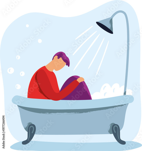 Man experiencing depression sitting alone in bathtub