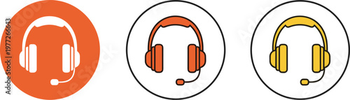 Headset Icon Set in Orange and Yellow Colors Representing Customer Support, Call Center, Communication, and Audio Service Interface Design Elements