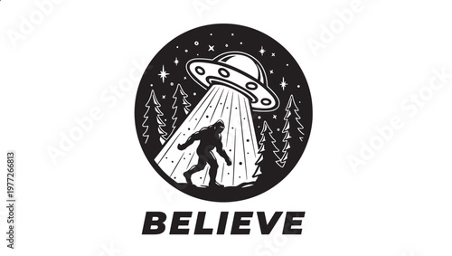 Bigfoot creature being abducted by a flying saucer in a forest scene under a starry night sky with the word BELIEVE