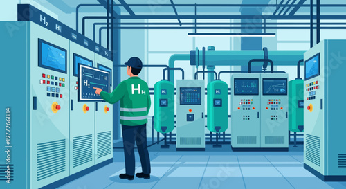 Man in Green Shirt Operating Control Panels.