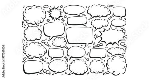 Abstract black and white sketch of irregular shapes and silhouettes resembling stone or puzzle pieces