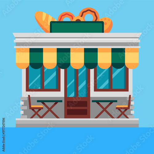 Bakery shop building with outdoor seating area