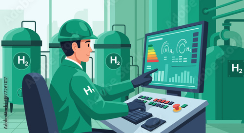 Man in Green Uniform Operating Control Panel.