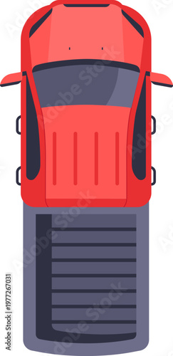 Red pickup truck top view delivering cargo