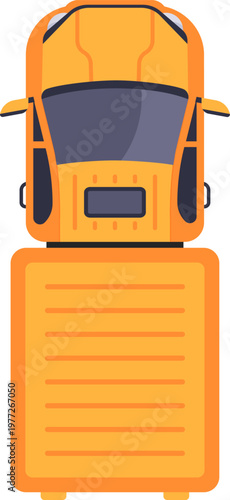 Yellow cargo truck delivering logistics from overhead view