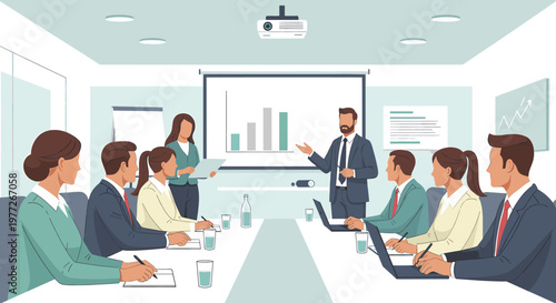 A diverse group of professionals in a modern conference room actively participating in a business meeting with a presentation.