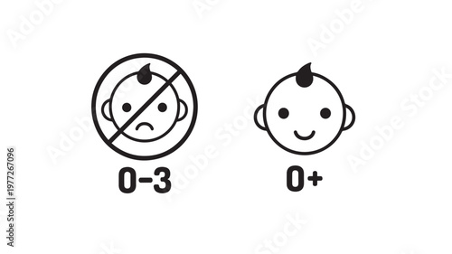 Baby icons indicate age suitability for products, showing a happy baby for ages 0+ and a forbidden symbol for ages 0-3.