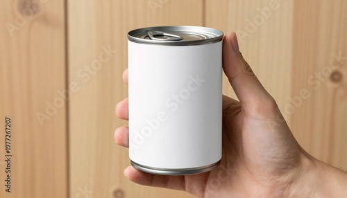 Hand holding blank white tin can with pull tab on wood background