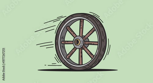 An animated illustration of a wooden cart wheel spinning rapidly with motion lines around it on a green background, conveying a sense of movement and 