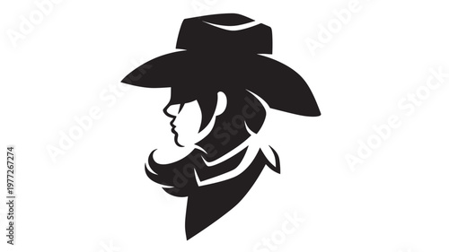 Cowboy hat silhouette with profile of a person wearing a bandana, symbolizing the wild west and rustic adventure.